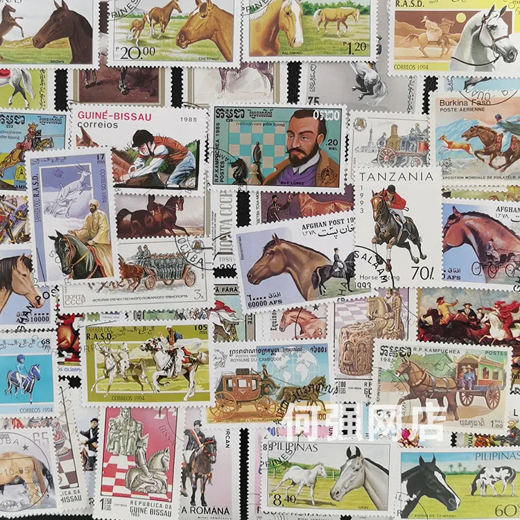 Collectible Vintage Postage Stamps - 100 selos de cavalo diferentes, não